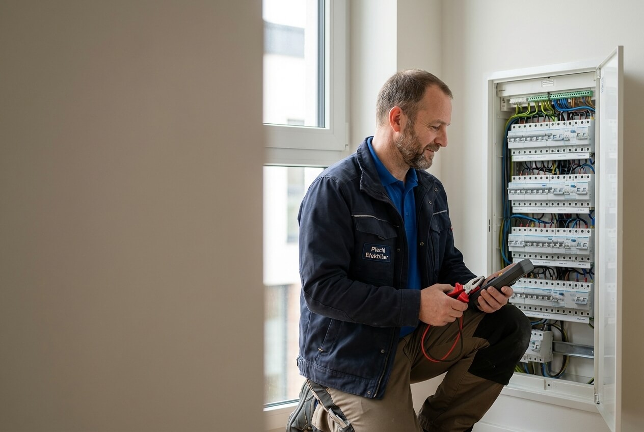 Elektriker von Plochl Elektriker prüft einen Sicherungskasten in einem Wohngebäude
