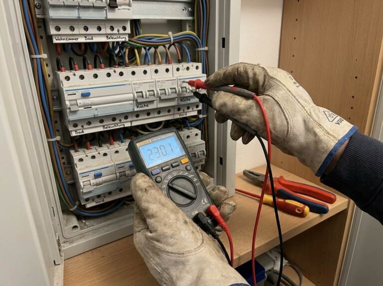 Elektriker führt eine strukturierte Messung am Sicherungskasten durch