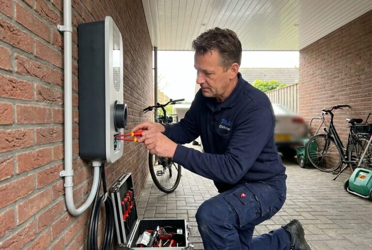 Elektriker von Plochl Elektriker installiert eine Wallbox an einem Wohngebäude