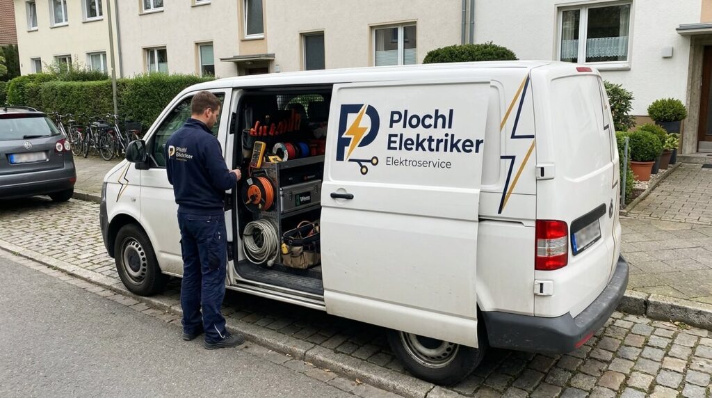 Servicefahrzeug von Plochl Elektriker vor einem Wohngebäude
